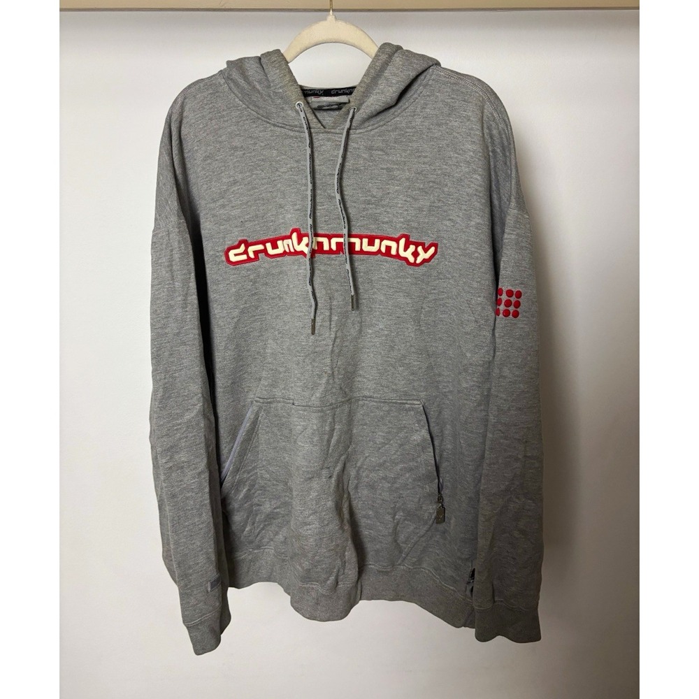Y2K Drunknmunky Mens Gray Graphic Logo Fleece Pullover Hoodie w Pockets 2XL